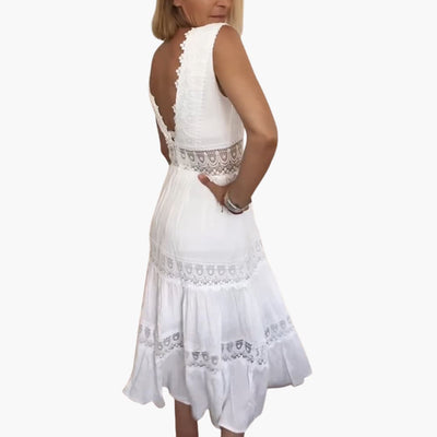 Damen Spitzenkleid ohne Ärmel mit V-Rücken und Stufenrock