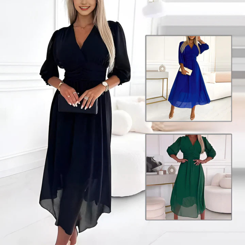 Damen 3/4 Ärmel V Ausschnitt Sommerkleid | Midi