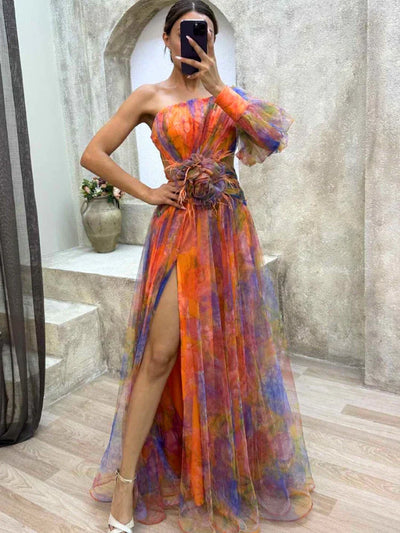 Maxi-Kleid Rosea Asymmetrischer Blumendruck