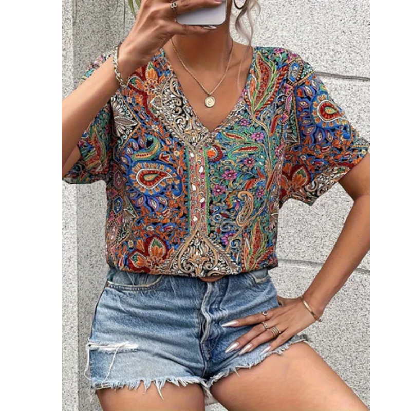 Mehrfarbige Bluse Mit V Ausschnitt Für Damen | Blumen