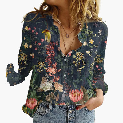 Kunstvoll bedruckte V-Ausschnitt Bluse - Damen Freizeitlook