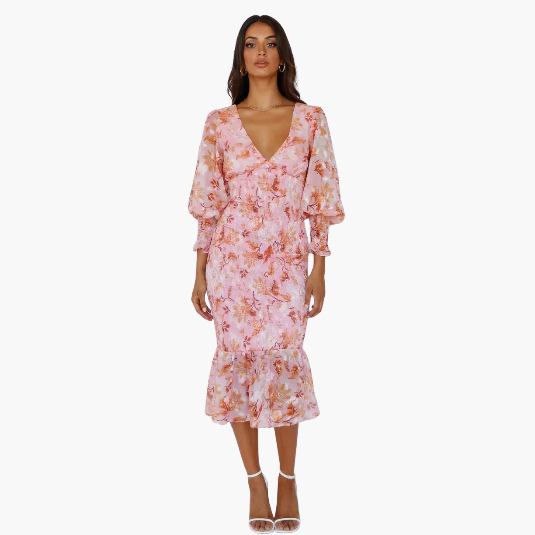 Blumen Midi Kleid mit Puffärmeln - elegantes Damen Sommerkleid