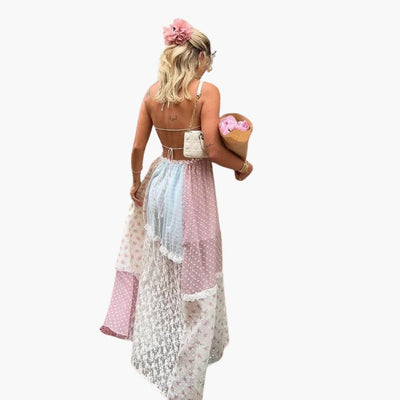 Patchwork Maxikleid - Damen Sommerkleid mit Spaghettiträgern
