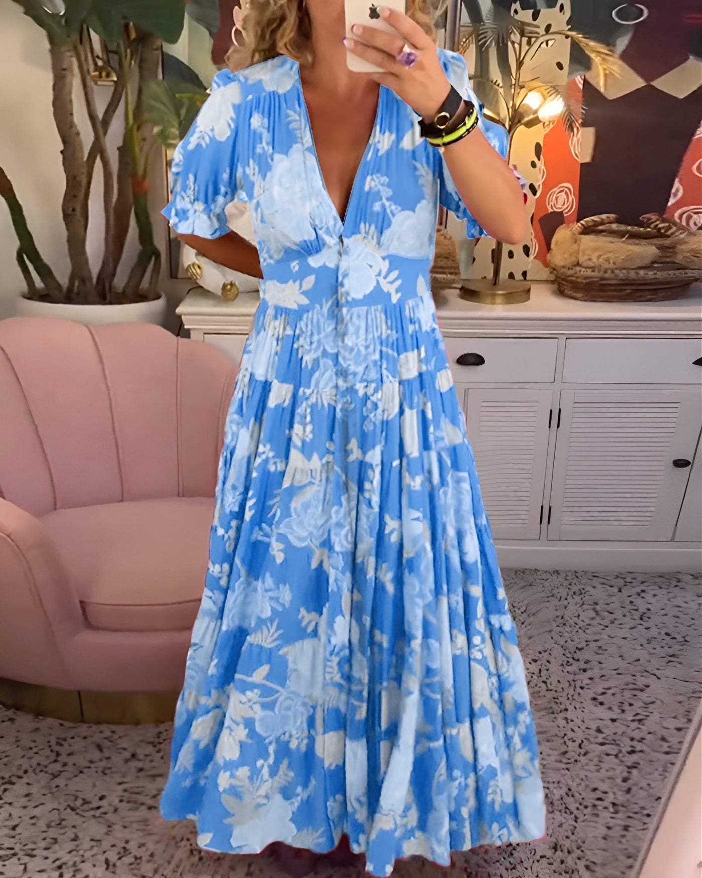 CATERINA | Langes Blumen midi Kleid mit versteckten Taschen und femininem Taglio für den Tag