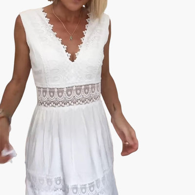 Damen Spitzenkleid ohne Ärmel mit V-Rücken und Stufenrock