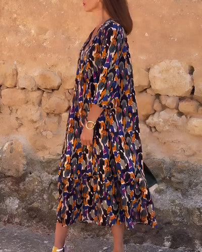 VIOLETTA | Langes Kleid mit V-Ausschnitt, Retro-Muster und elegantem Komfort für jeden Anlass