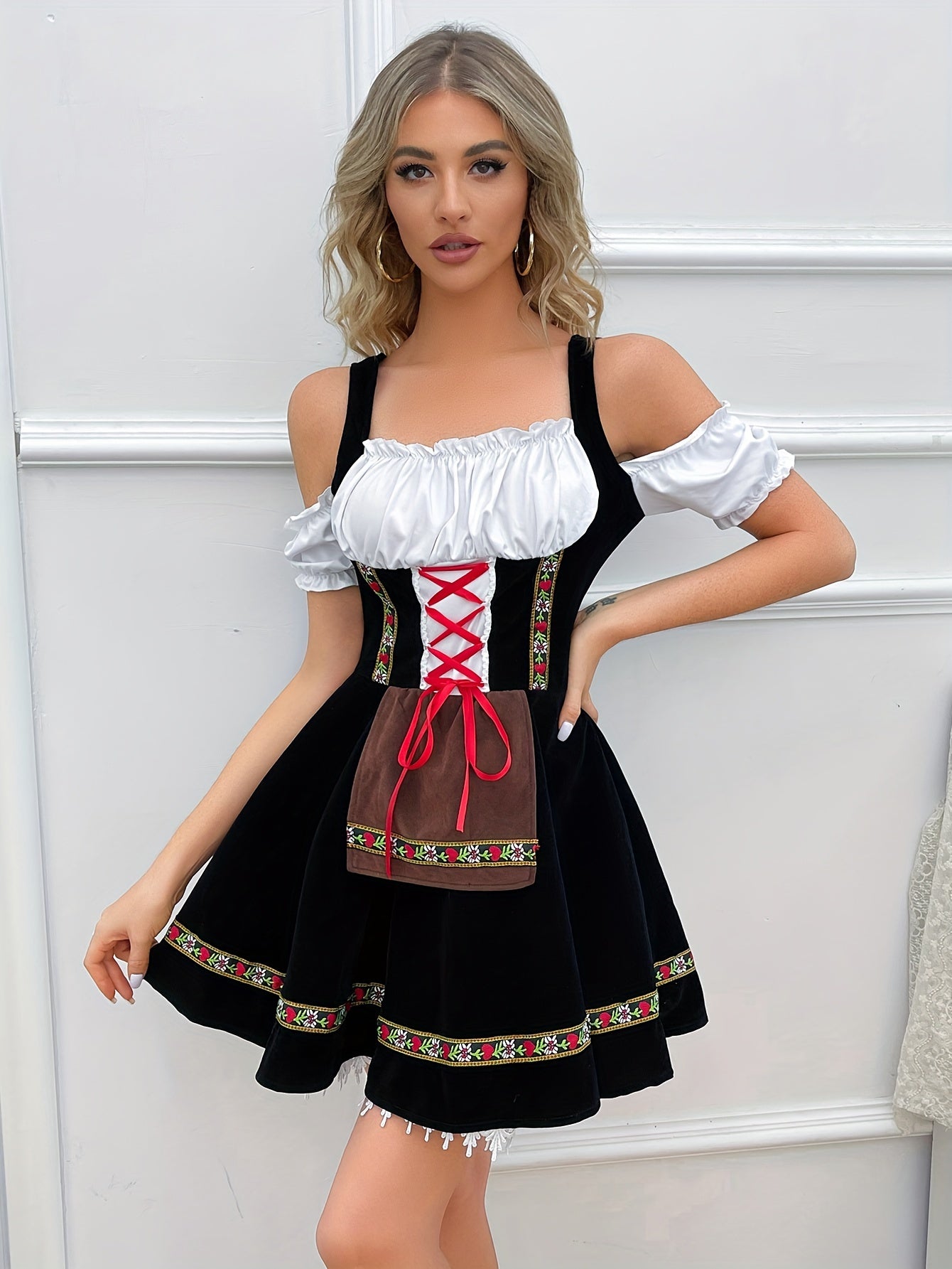 Damen Schwarz Schulterfrei Oktoberfest Dirndl Kleid