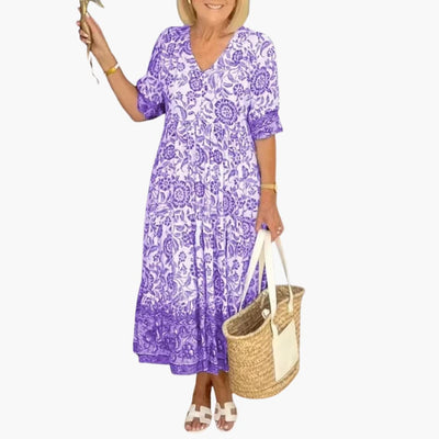 Boho Kleid Damen - Geblümtes Kleid mit V-Ausschnitt Sommer