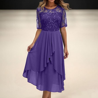 Damen Plissee Rundhalsausschnitt Kleid | Midi