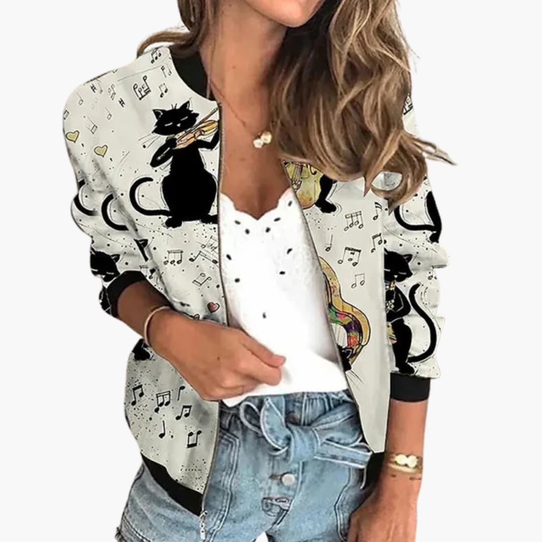 Damen Bomberjacke mit Blumenmuster und Reißverschluss