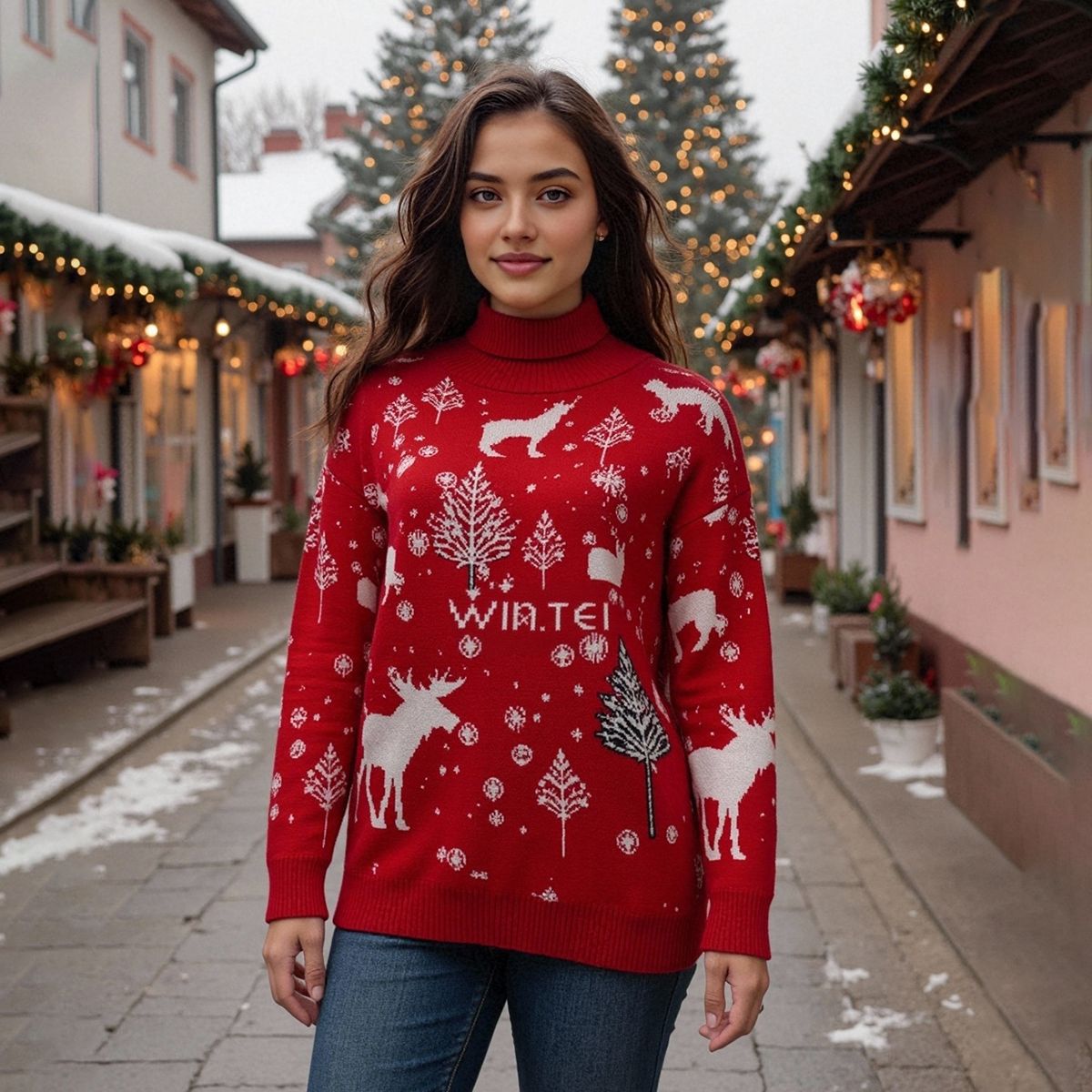 Damen Rollkragen Weihnachtspullover Mit Rentiermotiv