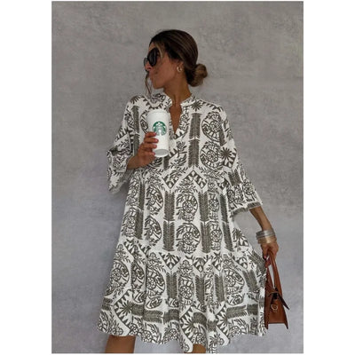 Adeline | Bedrucktes V-Ausschnitt A-Linien Rockkleid