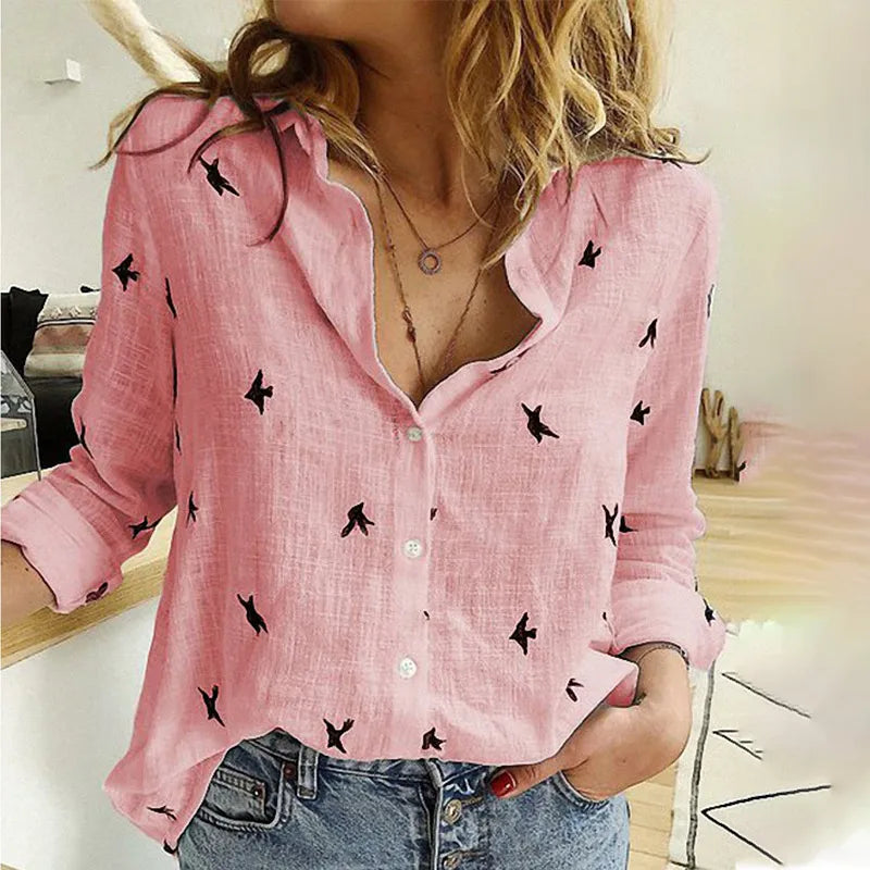Damen Langarmshirt Mit Vogelmuster | Button Down