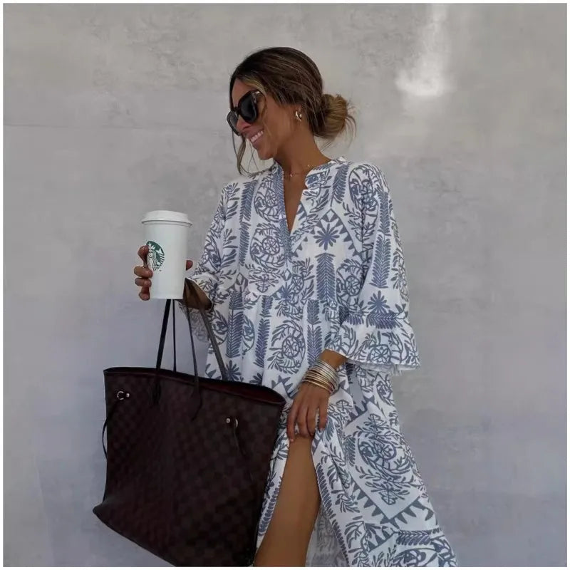 Adeline | Bedrucktes V-Ausschnitt A-Linien Rockkleid