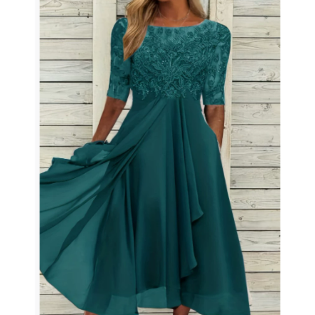 Damen Plissee Rundhalsausschnitt Kleid | Midi