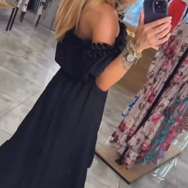 Maria | Schwarzes schulterfreies langes Kleid