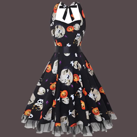 Jahrgang Neckholder Halloween Kostum Kleid | Midi
