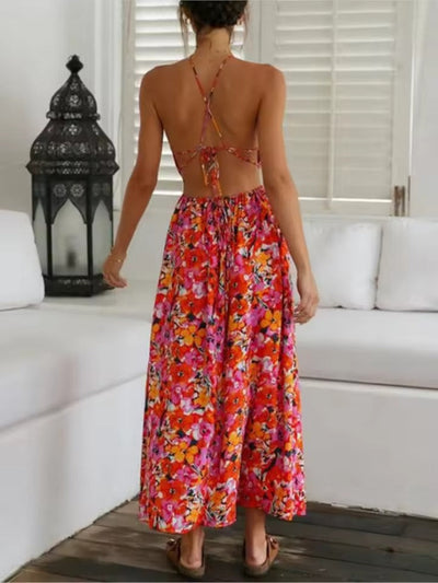 Élisa | Rückenfreies Maxikleid mit Blumendruck und Beinschlitz