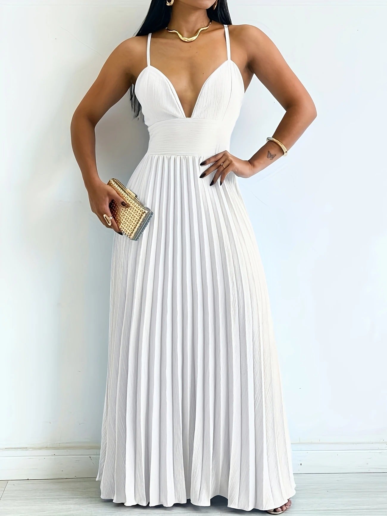 Édeline | Elegantes Plissiertes Maxikleid mit Rückendetail