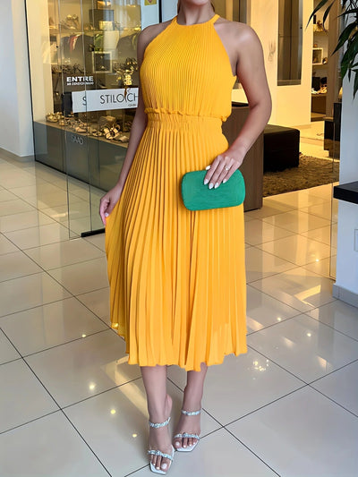 Claire | Elegantes Plissiertes Midikleid mit Stehkragen