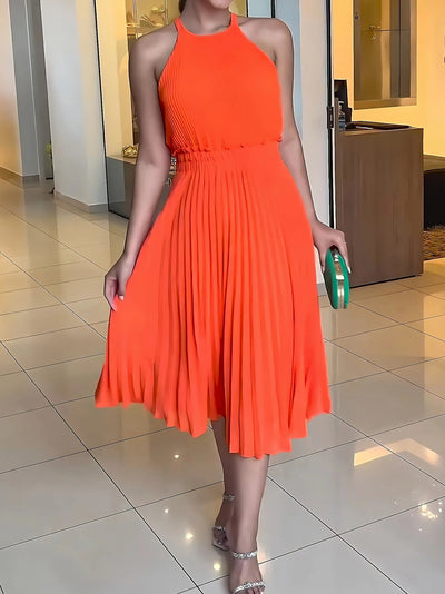 Claire | Elegantes Plissiertes Midikleid mit Stehkragen