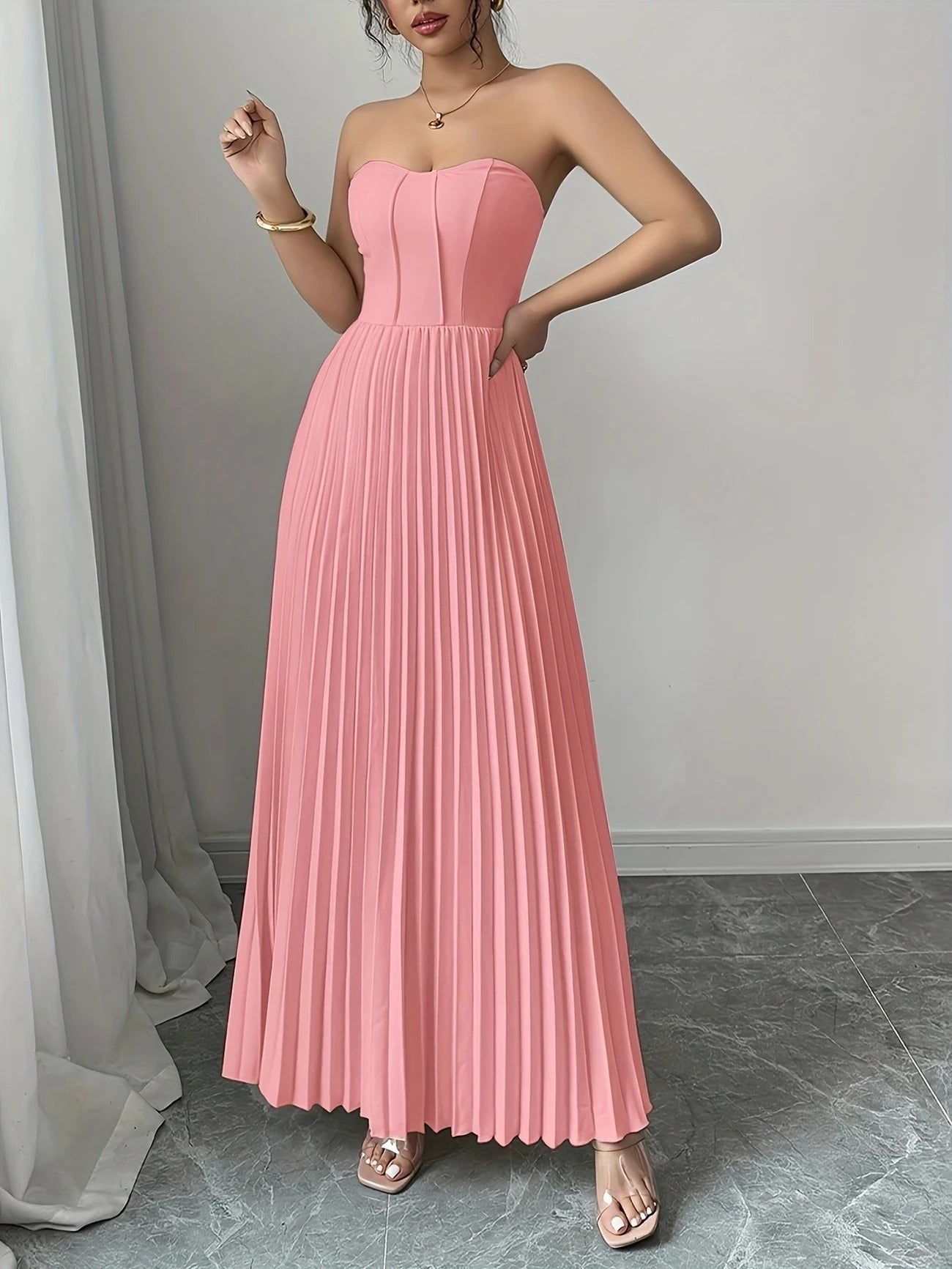 Bérénice | Trägerloses Maxikleid mit Korsagen-Oberteil und Plissee-Rock