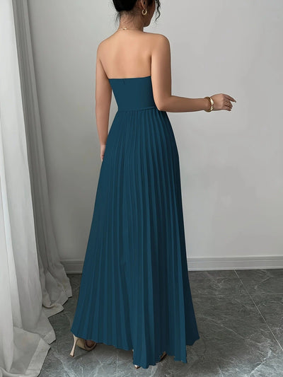 Bérénice | Trägerloses Maxikleid mit Korsagen-Oberteil und Plissee-Rock