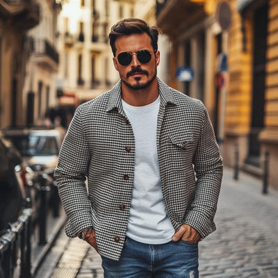 Herren Hemdjacke Mit Hahnentrittmuster Und Knopfleiste